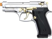 Front Firing Beretta Jackal Compact Full Auto 9MMPA Blank Gun Chrome Gold Engraved